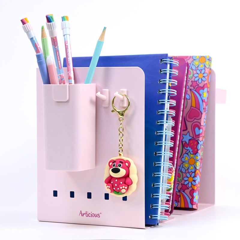 Articious Adjustable Bookend Organizer with Pen Holder | Expandable Desk Bookshelf for Office, Study, and Home | Book Rack Stand for Books, Files & Stationery (Extends Up To 17 Inches) - Pink - Image 1