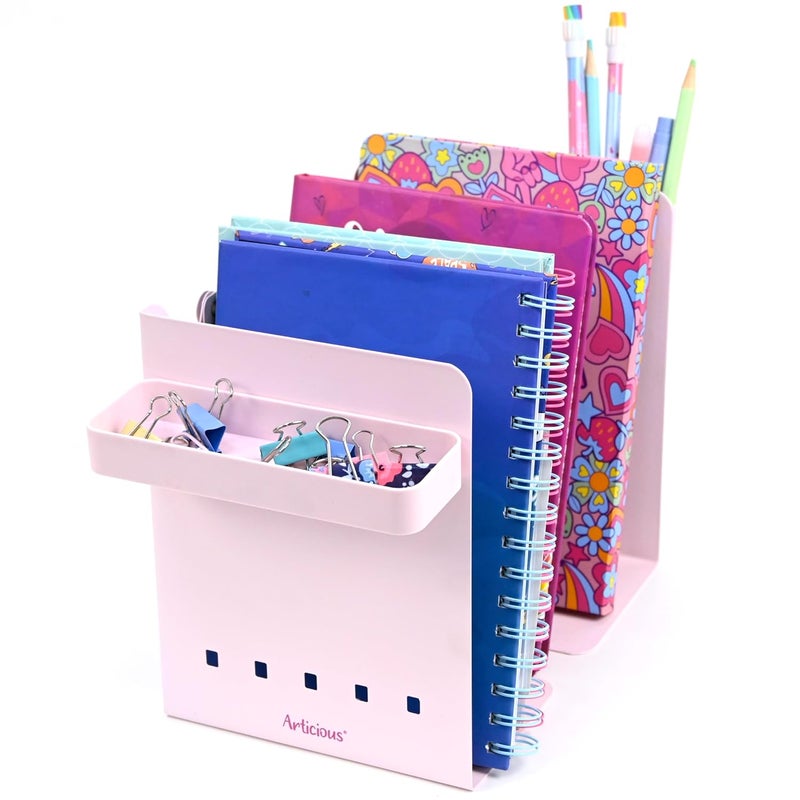 Articious Adjustable Bookend Organizer with Pen Holder | Expandable Desk Bookshelf for Office, Study, and Home | Book Rack Stand for Books, Files & Stationery (Extends Up To 17 Inches) - Pink - Image 2