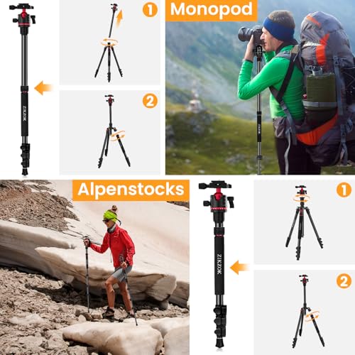 ZIKZOK 70" Tripod for Camera, Professional Aluminum Camera Tripod & Monopod with 360° Ball Head, Adjustable Lightweight Travel Tripod for Phone,DSLR,Tablet with Carry Bag - Image 4