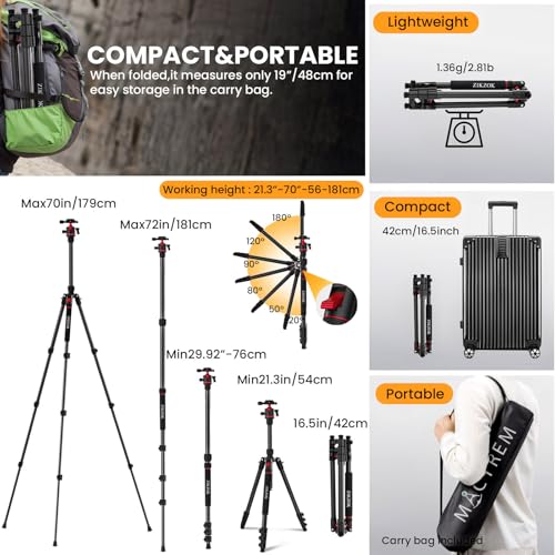 ZIKZOK 70" Tripod for Camera, Professional Aluminum Camera Tripod & Monopod with 360° Ball Head, Adjustable Lightweight Travel Tripod for Phone,DSLR,Tablet with Carry Bag - Image 5