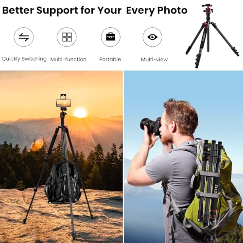 ZIKZOK 70" Tripod for Camera, Professional Aluminum Camera Tripod & Monopod with 360° Ball Head, Adjustable Lightweight Travel Tripod for Phone,DSLR,Tablet with Carry Bag - Image 3