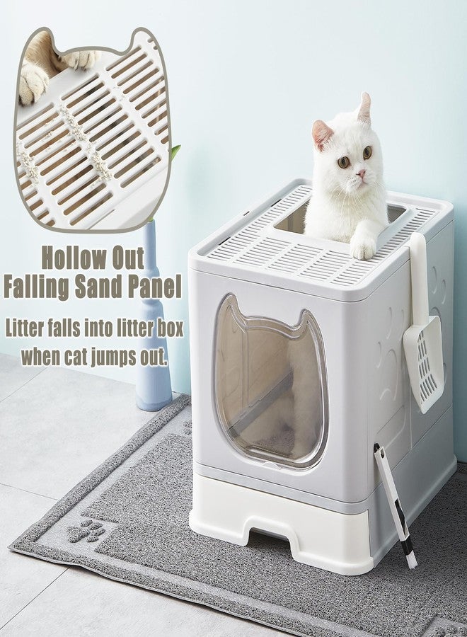Gefryco Litter Box with Lid for Small to Medium Cats, Enclosed Cat Litter Box with Cover，High Sided Top Entry Cat Box with Brush and Scoop, Cute Kitty Litter Pan with Drawer for Growing Kittens(Grey) - Image 3