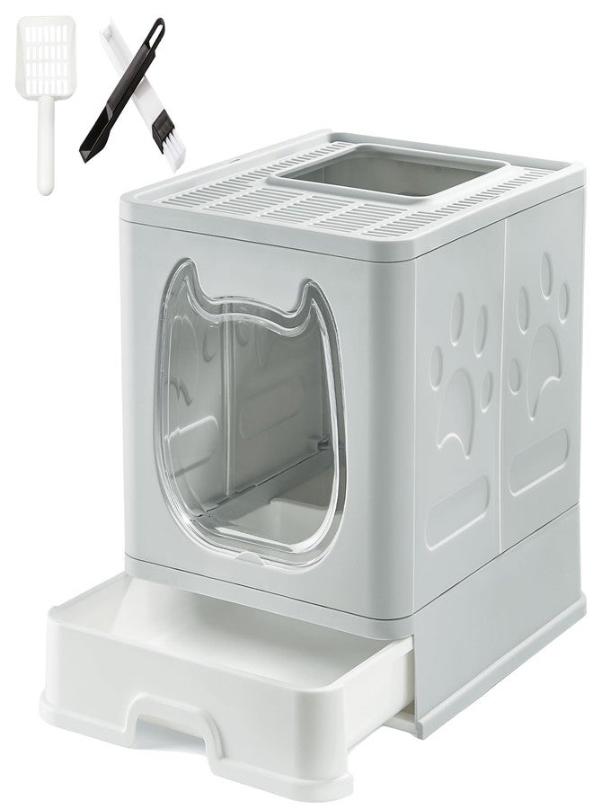 Gefryco Litter Box with Lid for Small to Medium Cats, Enclosed Cat Litter Box with Cover，High Sided Top Entry Cat Box with Brush and Scoop, Cute Kitty Litter Pan with Drawer for Growing Kittens(Grey) - Image 1