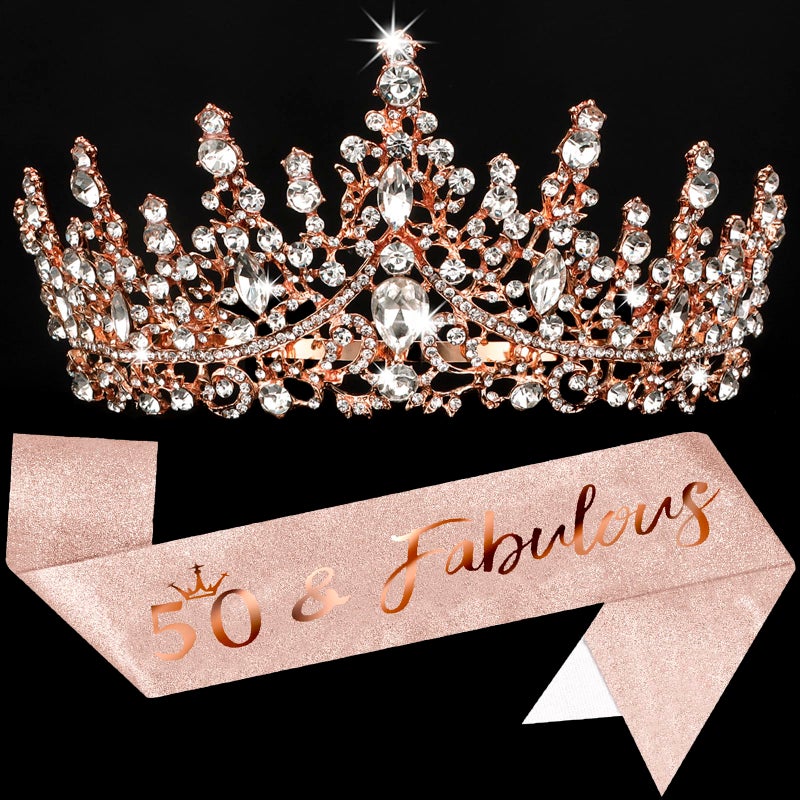 COCIDE 50th Birthday Sash for Women + 50th Crown for Women + Pearl Pin - 50 & Fabulous Sashes Tiara Hair Accessories Gifts Party Decorations & Favors (50th Sash&Tiara&Pin, Rose Gold, One Size) - Image 1