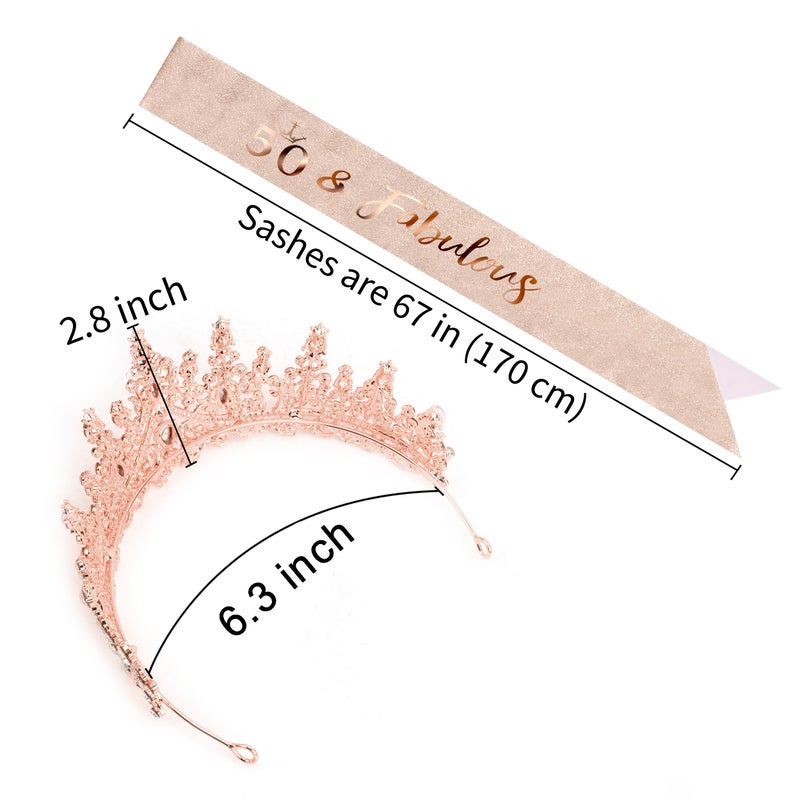 COCIDE 50th Birthday Sash for Women + 50th Crown for Women + Pearl Pin - 50 & Fabulous Sashes Tiara Hair Accessories Gifts Party Decorations & Favors (50th Sash&Tiara&Pin, Rose Gold, One Size) - Image 5