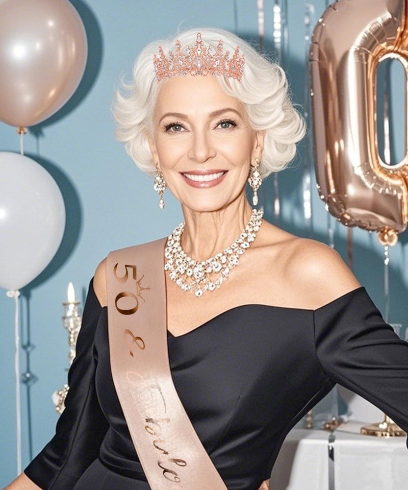 COCIDE 50th Birthday Sash for Women + 50th Crown for Women + Pearl Pin - 50 & Fabulous Sashes Tiara Hair Accessories Gifts Party Decorations & Favors (50th Sash&Tiara&Pin, Rose Gold, One Size) - Image 2