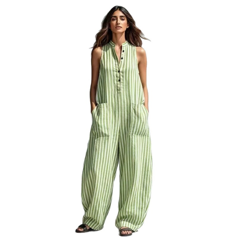 Women's Loose V-Neck Long Striped Jumpsuit - Image 5