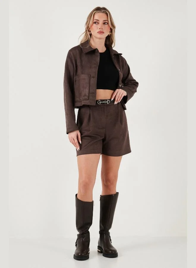 Lela Lela Regular Fit High Waist Suede Textured Pleated Shorts Women's Shorts 6522022