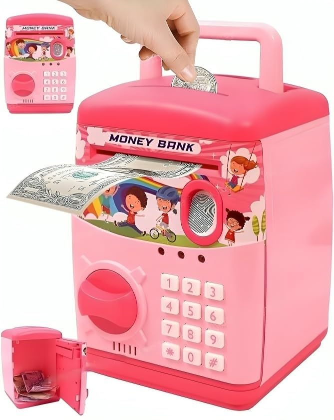 High Trusted® Kids Modern Money Safe ATM Machine, Finger Print Smart Sensor ATM Savings Money Bank with Electronic Lock (Pink) - Image 1