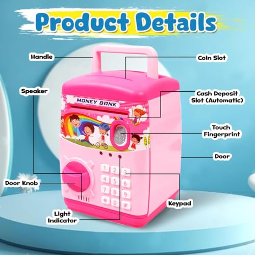 High Trusted® Kids Modern Money Safe ATM Machine, Finger Print Smart Sensor ATM Savings Money Bank with Electronic Lock (Pink) - Image 5