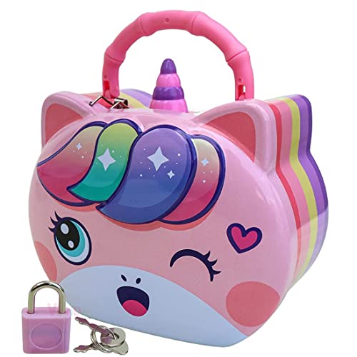 Crackles Cute Unicorn Design Money Piggy Bank with Lock & Key for Kids Room Decoration and Birthday Return Gifting -Assorted Print & Colours- Pack of 1 - Image 1