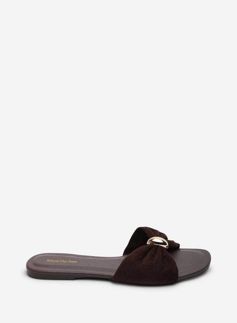 من أين هذه Arc Ruched Buckle Dark Brown Suede Slide On Sandal