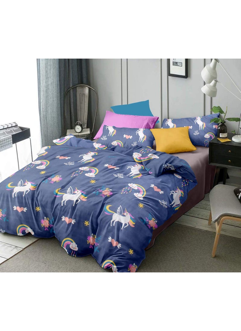 NISHOMES NISHOMES Unicorn Design Double Bedsheet Flat Sheet Glace Cotton with 2 Matching Pillow Cover Size 100x90 Inches Blue Blue  - Image 1