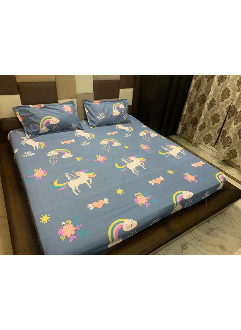 NISHOMES NISHOMES Unicorn Design Double Bedsheet Flat Sheet Glace Cotton with 2 Matching Pillow Cover Size 100x90 Inches Blue Blue  - Image 2