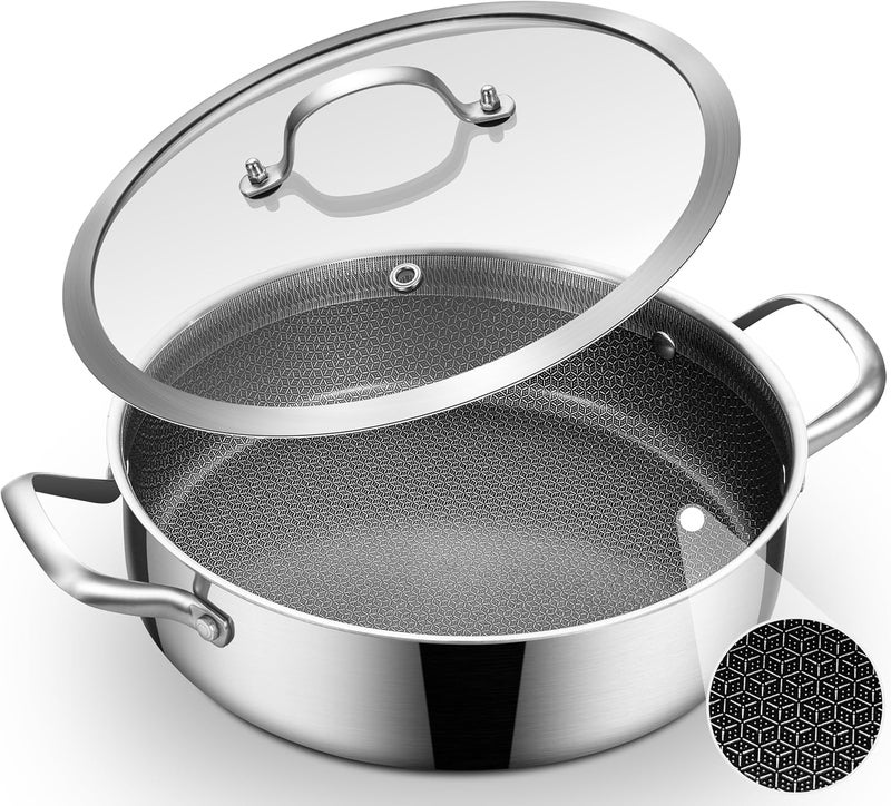 Inqibee 5 QT مقلاة سوتيه من الفولاذ المقاوم للصدأ ثلاثي الطبقات مع غطاء، وعاء طهي بالحث، مقلاة كبيرة، آمنة في غسالة الصحون والفرن - Image 1