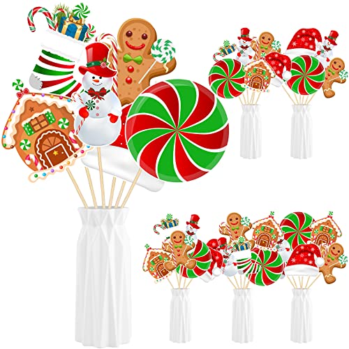 Woanger 24 Pieces Christmas Picks Snowman Santa Hat Lollipop Gingerbread Christmas Stocking Farm House Cutout on Sticks Vase Filler Crafts Tree Ornament Wreath Holiday Decorations for Christmas Party - Image 1