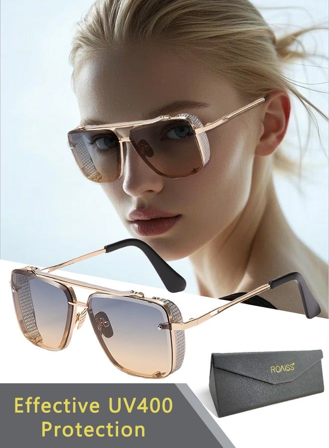 roaiss Modern Square Sunglasses for Men Women UV400 Protection Sun Glasses with Gold Metal Frame Fashion Anti-Glare Sun Shades for Driving Fishing Traveling with Brown Lens - Image 1