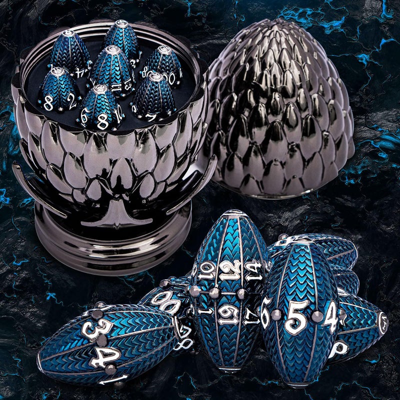 ARUOHHA DND Metal Dice Black Blue Dragons Egg Dice with Rotating Dragon Egg Shell Compatible with DD RPG Role Playing Game Dungeons Polyhedral D and D Dice Set D20 D12 D10 D8 D6 D4 - Image 3
