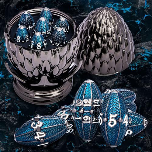 ARUOHHA DND Metal Dice Black Blue Dragons Egg Dice with Rotating Dragon Egg Shell Compatible with DD RPG Role Playing Game Dungeons Polyhedral D and D Dice Set D20 D12 D10 D8 D6 D4 - Image 1