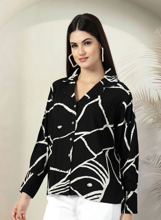 PlusS قميص كاجوال أسود مطبوع بتصميم تجريدي للنساء - Image 4