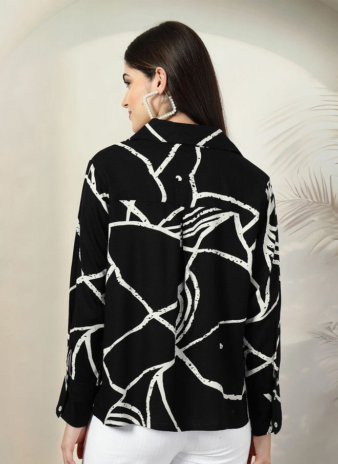 PlusS قميص كاجوال أسود مطبوع بتصميم تجريدي للنساء - Image 5