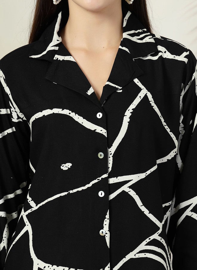 PlusS قميص كاجوال أسود مطبوع بتصميم تجريدي للنساء - Image 2