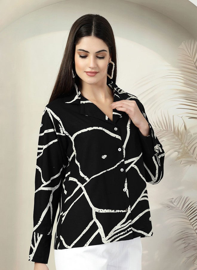 PlusS قميص كاجوال أسود مطبوع بتصميم تجريدي للنساء - Image 3