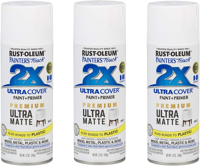 RUST-OLEUM 331181-3PK Painter's Touch 2X Ultra Cover Spray Paint, 12 oz, Ultra Matte White, 3 Pack - Image 1