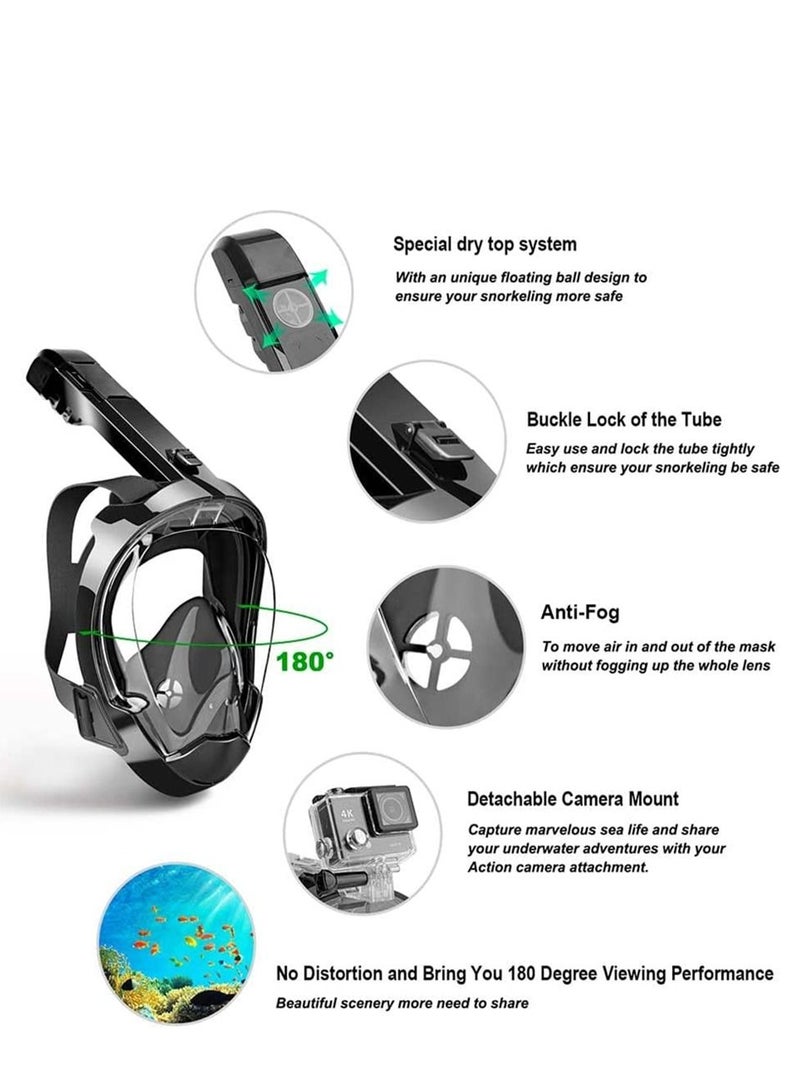 ثينيس قناع غطس كامل الوجه مع نظام تنفس آمن جديد وحامل للكاميرا مع رؤية بانورامية 180 درجة (أسود) - Image 2