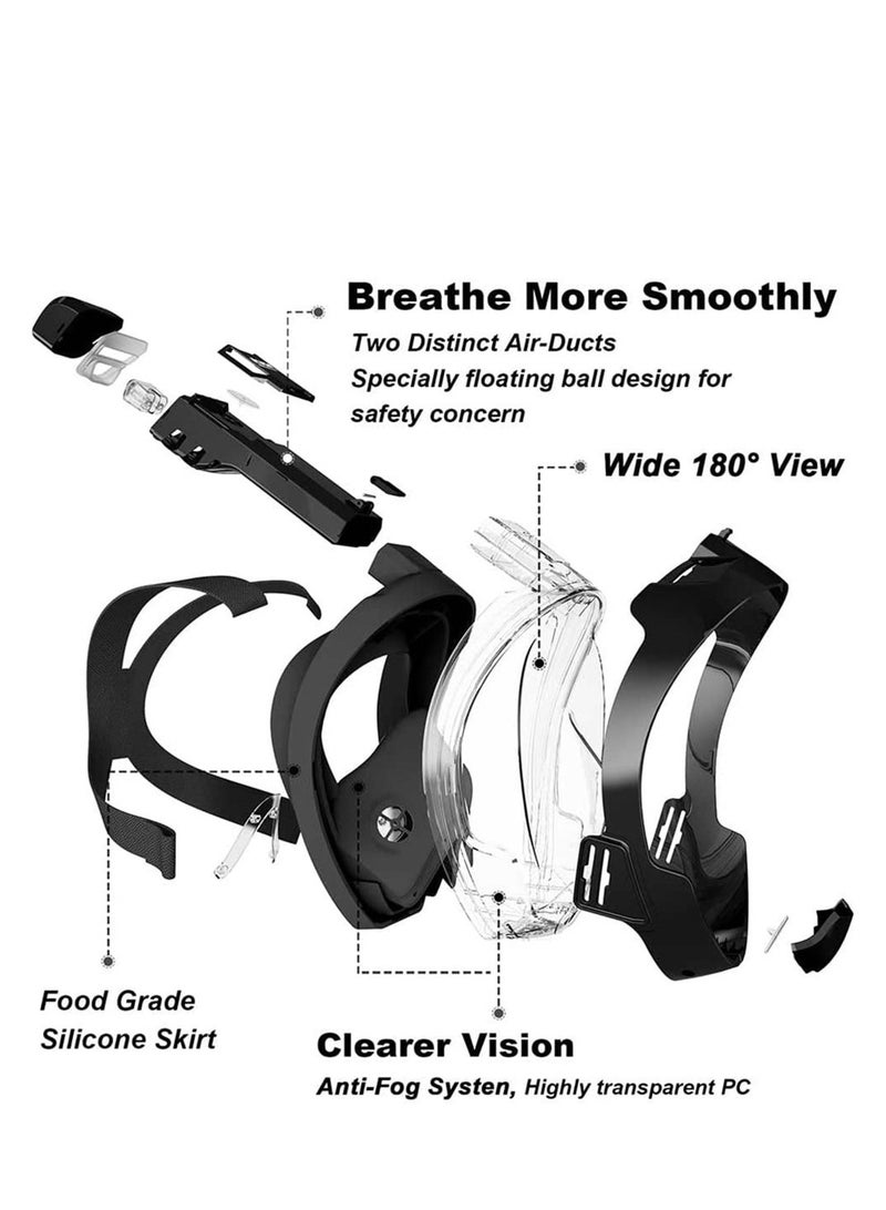 ثينيس قناع غطس كامل الوجه مع نظام تنفس آمن جديد وحامل للكاميرا مع رؤية بانورامية 180 درجة (أسود) - Image 3