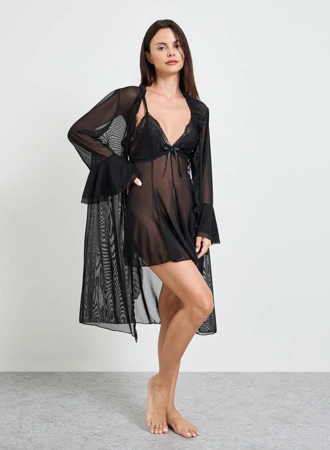 تايك تو Black Lace Trim Slip And Ruffled Robe Set