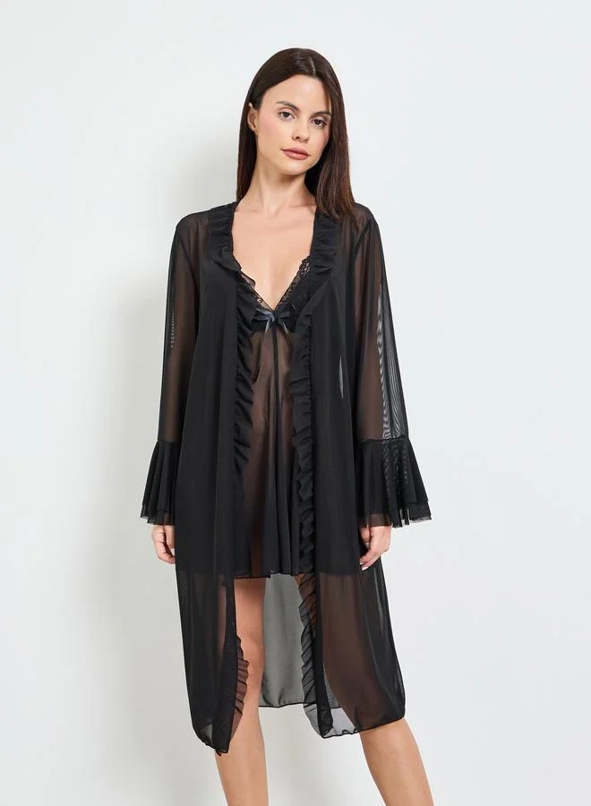 تايك تو Black Lace Trim Slip And Ruffled Robe Set