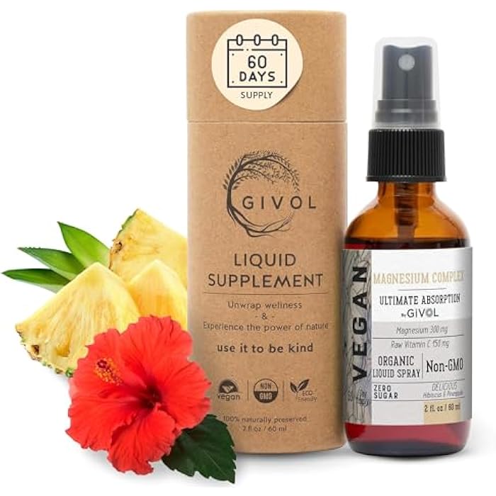 GIVOL Tri Magnesium Complex - Magnesium Biglycinate, Citrate & Taurate Liquid Spray 300mg w/Raw Vitamin C for Body Decompression - Hibiscus & Pineapple Flavor, 2 Fl Oz (60 ml) - 60 Day Supply - Image 1
