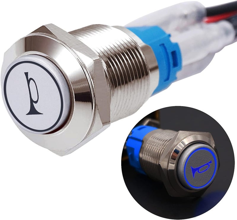 Twidec مفتاح زر الضغط اللحظي بوق مكبر الصوت 16 مم مع ثقب تثبيت 5/8" ضوء LED أزرق غلاف من الفولاذ المقاوم للصدأ الفضي 1NO 1NC SPDT مع أسلاك مسبقة التوصيل لتعديل السيارة G16LB-BU - Image 1