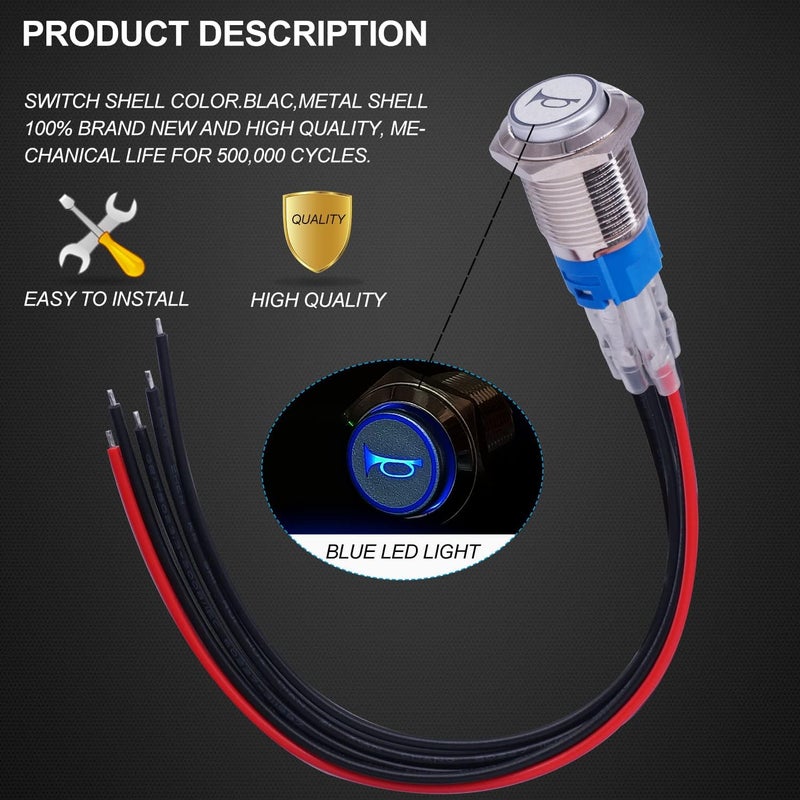 Twidec مفتاح زر الضغط اللحظي بوق مكبر الصوت 16 مم مع ثقب تثبيت 5/8" ضوء LED أزرق غلاف من الفولاذ المقاوم للصدأ الفضي 1NO 1NC SPDT مع أسلاك مسبقة التوصيل لتعديل السيارة G16LB-BU - Image 5