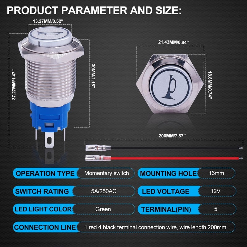Twidec مفتاح زر الضغط اللحظي بوق مكبر الصوت 16 مم مع ثقب تثبيت 5/8" ضوء LED أزرق غلاف من الفولاذ المقاوم للصدأ الفضي 1NO 1NC SPDT مع أسلاك مسبقة التوصيل لتعديل السيارة G16LB-BU - Image 3