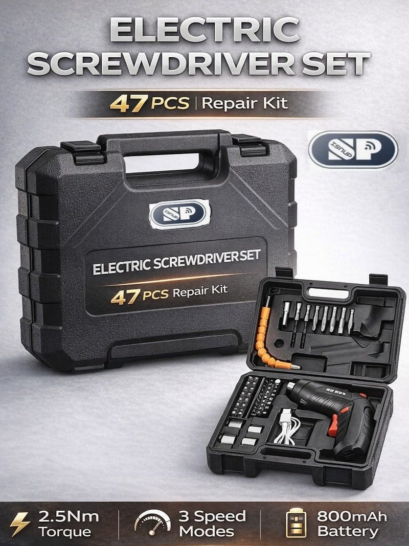 iSNUP Electric Screwdriver Set 47 PCS – 800mAh Rechargeable Cordless Drill with 2.5Nm Torque & 3 Modes, Portable Tool Kit with Case - Image 4