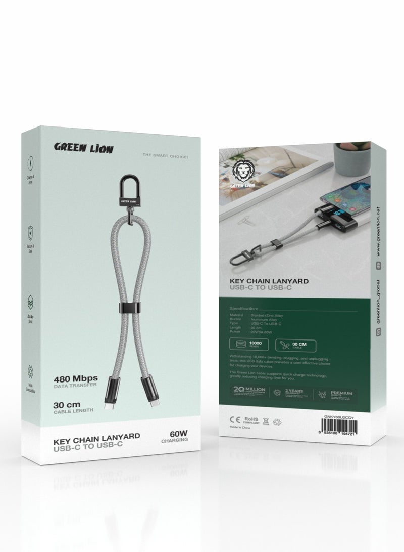 GREEN LION Keychain lanyard USB-C to USB-C 60W / Charge & Sync / Secure & Safe / 30cm Wire /  Wide Compatibility / Fast Charging / 480Mbps Data Transfer - Grey - Image 3