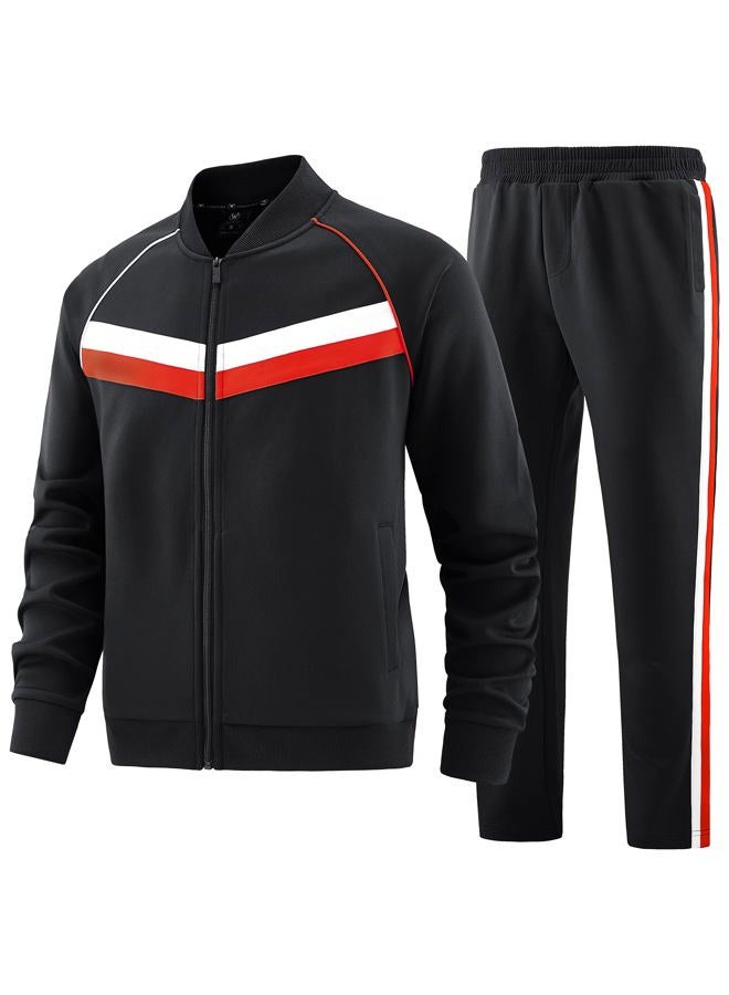 W JIANWANG Track Suits for Men Set Jogging Tracksuit Mens Sweatsuits 2 Piece Sport Plaid Jogger Sweat Suits Sports Clothes Jackets and Pants Two-piece Outfits Black JW-254-XL  - Image 1
