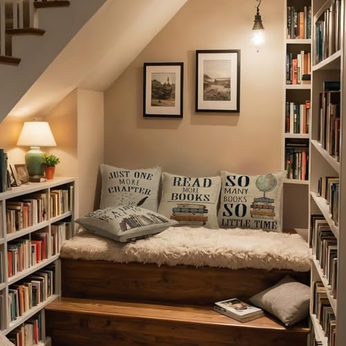 ISANOU Reading Nook Decor,Vintage Book Theme Throw Pillow Covers 18x18 Set of 4,Cozy Reading Corner Decor for Classroom Library Book Club,Book Lover Gifts for Women - Image 2