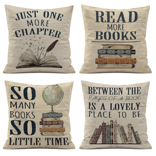 ISANOU Reading Nook Decor,Vintage Book Theme Throw Pillow Covers 18x18 Set of 4,Cozy Reading Corner Decor for Classroom Library Book Club,Book Lover Gifts for Women - Image 1