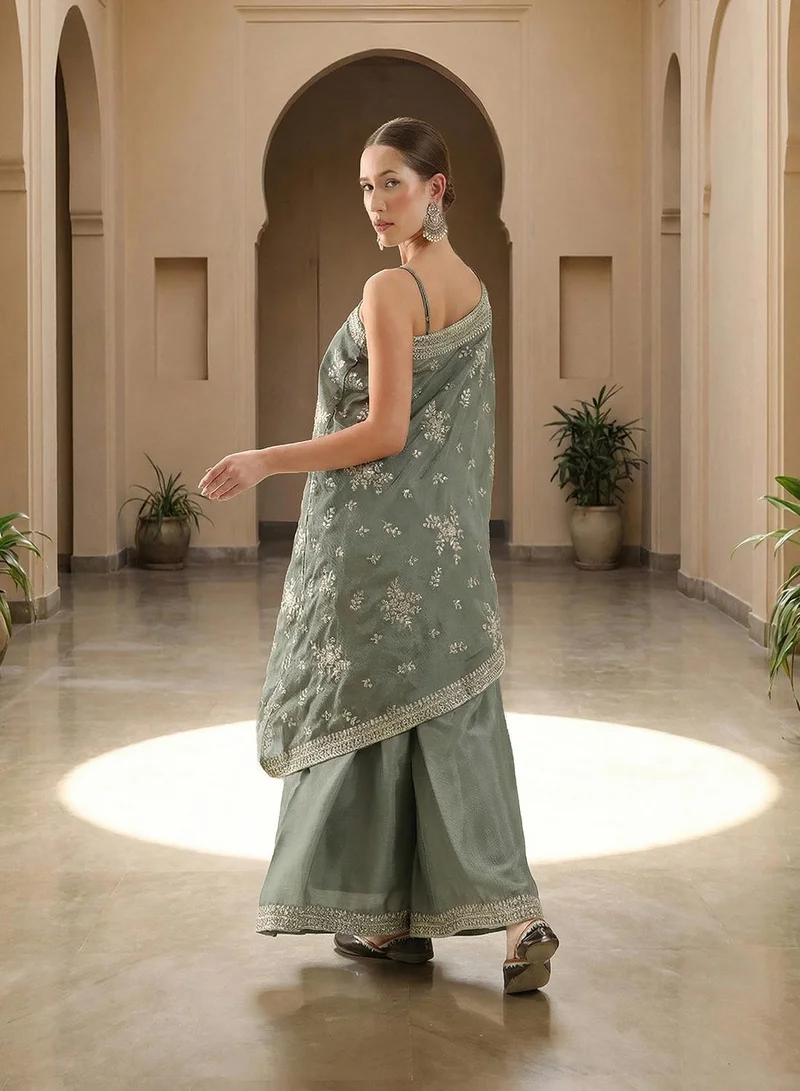 Ishin  Rich Chinon Embroidered Brown Embroidered A Line Co-Ords ShararaBottom for Women | Best Price UAE