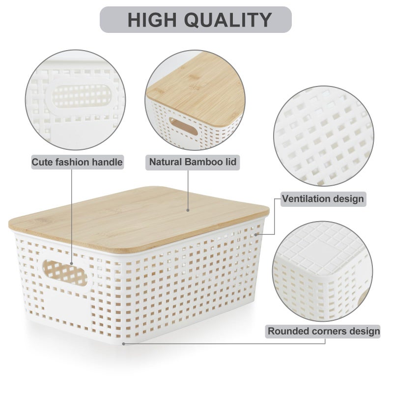 Bagnizer Small Plastic Storage Bins with Bamboo Lids 5.2qt Stackable Box Basket Pantry Decorative Containers Cute with Lable for Organizing Desktop Closet Office Cream White of 6 packs 10*7.2*4.1'â€™ - Image 3