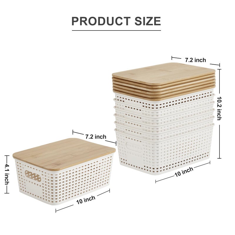 Bagnizer Small Plastic Storage Bins with Bamboo Lids 5.2qt Stackable Box Basket Pantry Decorative Containers Cute with Lable for Organizing Desktop Closet Office Cream White of 6 packs 10*7.2*4.1'â€™ - Image 2