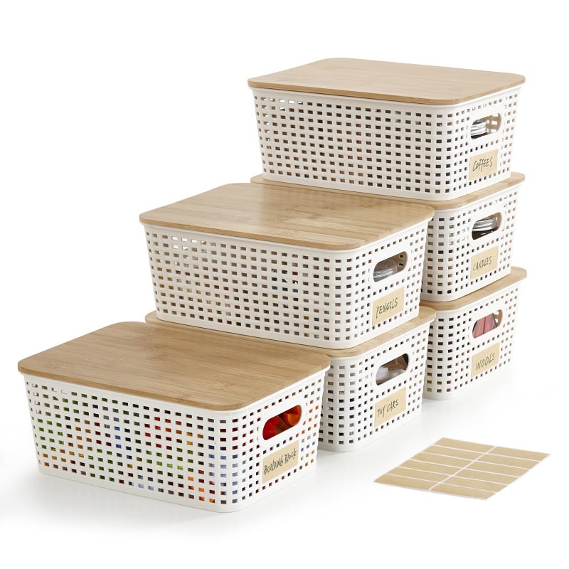 Bagnizer Small Plastic Storage Bins with Bamboo Lids 5.2qt Stackable Box Basket Pantry Decorative Containers Cute with Lable for Organizing Desktop Closet Office Cream White of 6 packs 10*7.2*4.1'â€™ - Image 1