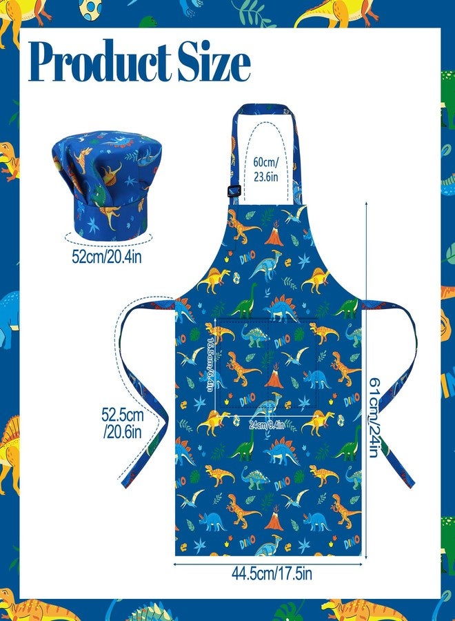 XLSXEXCL 2 Pack Kids Apron and Chef Hat Dinosaurs Adjustable Kitchen Cooking Apron with Pockets Waterproof for Girls Boys Baking Painting Crafting - Image 2