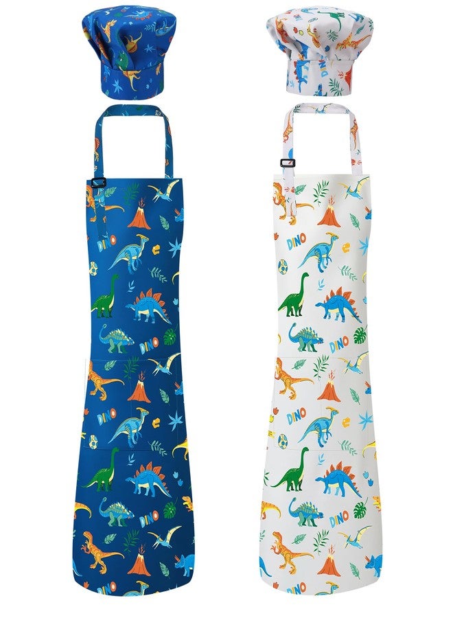 XLSXEXCL 2 Pack Kids Apron and Chef Hat Dinosaurs Adjustable Kitchen Cooking Apron with Pockets Waterproof for Girls Boys Baking Painting Crafting - Image 1