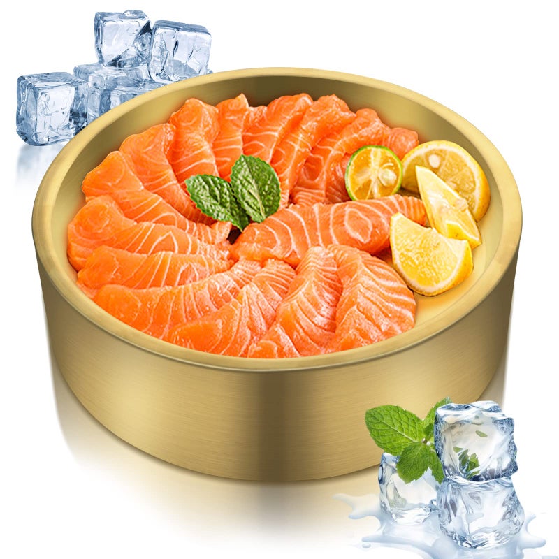Yitexin 85in Gold Stainless Steel Ice Chilled Serving Trays Appetizer Cold Serving Tray Platter with Ice Iced Serving Tray for Parties Cooling Shrimp Cocktail Serving Dish for Food Fruit Gold