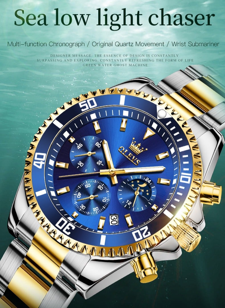 أوليفز ساعات رجالية كوارتز مقاومة للماء 42 مم OLEVS 2870 GOLD/BLUD - Image 4