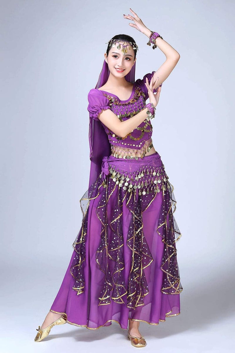 ORIDOOR Women Belly Dance Dress Indian Bollywood Halloween Costume Chiffon Skirts Shiny Belly Dance Suits 5-Piece Outfit - Image 3